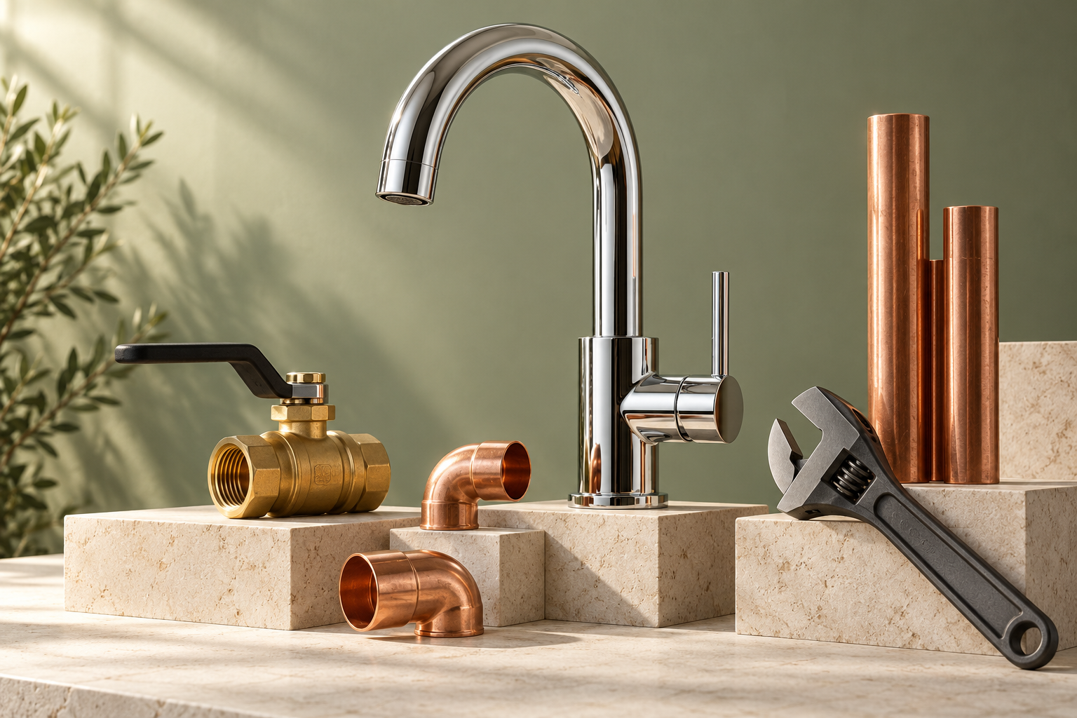 Chrome faucet, brass valve and copper fittings arranged on stone blocks